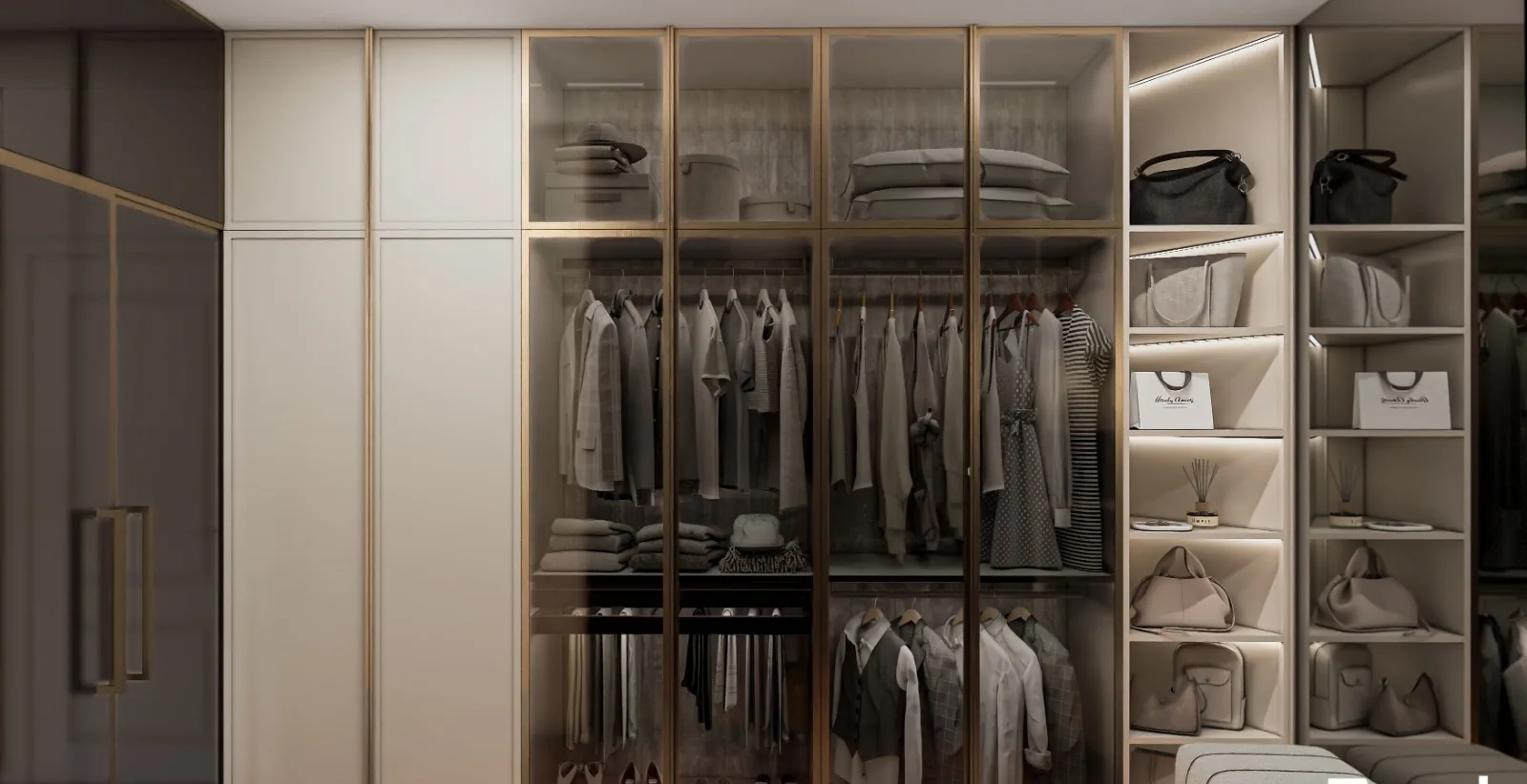 Luxury walk-in closet — glass-front cabinetry, organized racks, designer handbag shelving.