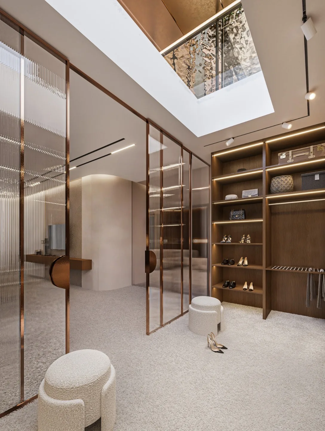 Bronze-framed glass partitions, wooden shelving, and skylit walk-in closet.
