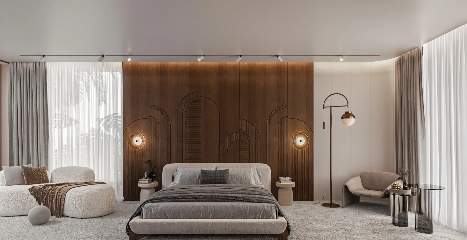 Bedroom with curved wooden accent wall, contemporary furnishings, designer lighting.