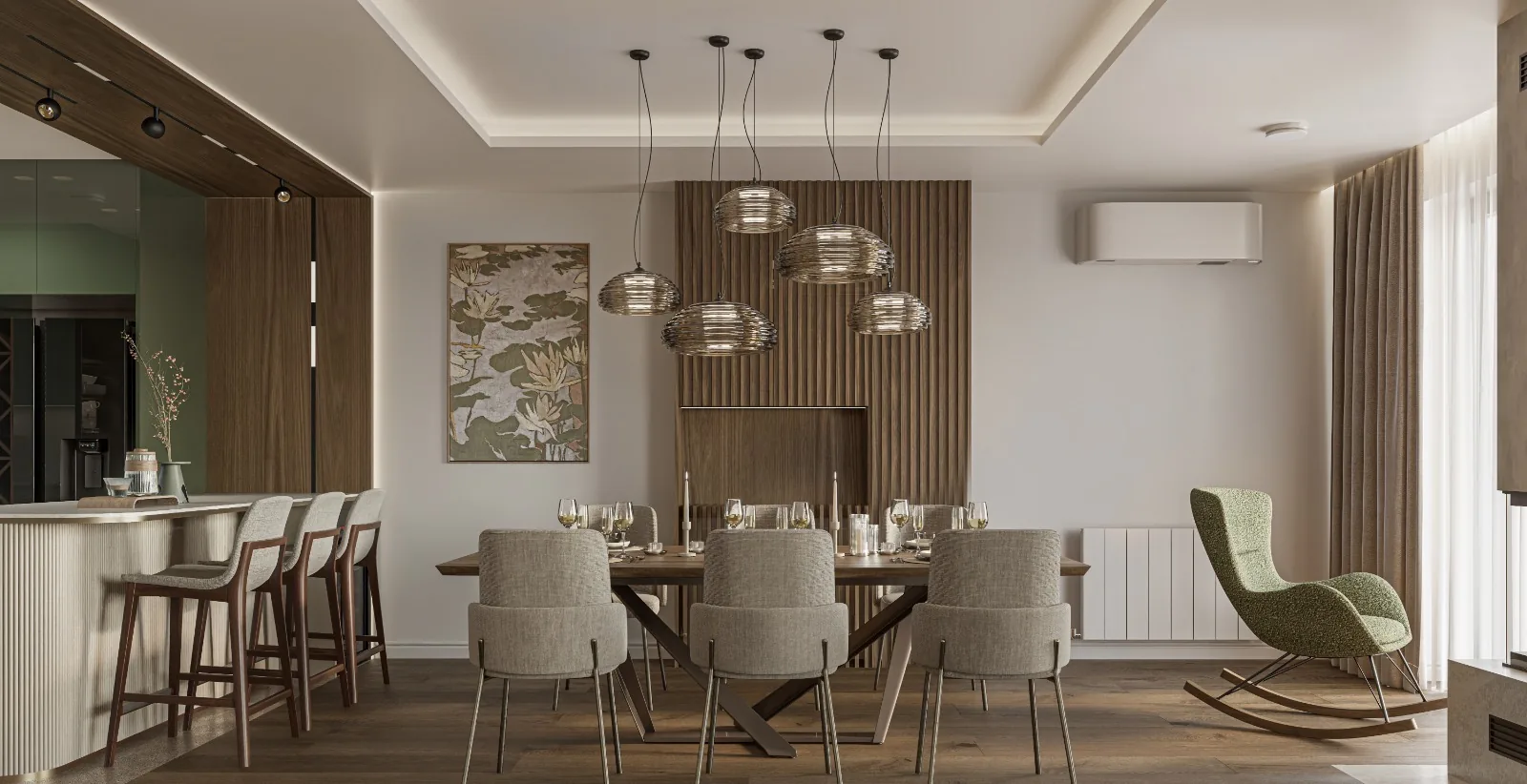 Dining room with pendant lights, wooden accents, and upholstered chairs.