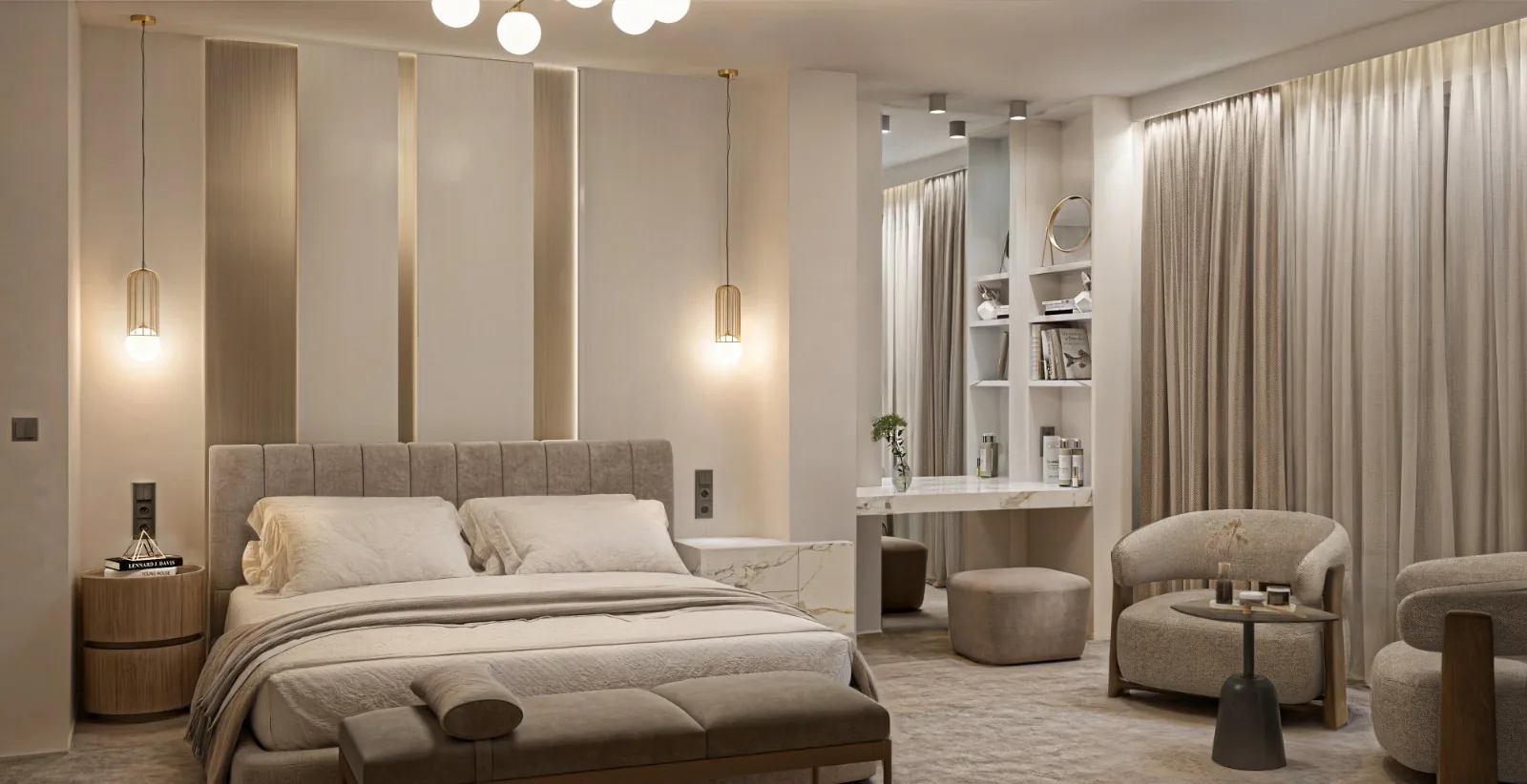 Neutral bedroom with pendant lighting, upholstered headboard, custom built-in shelving.