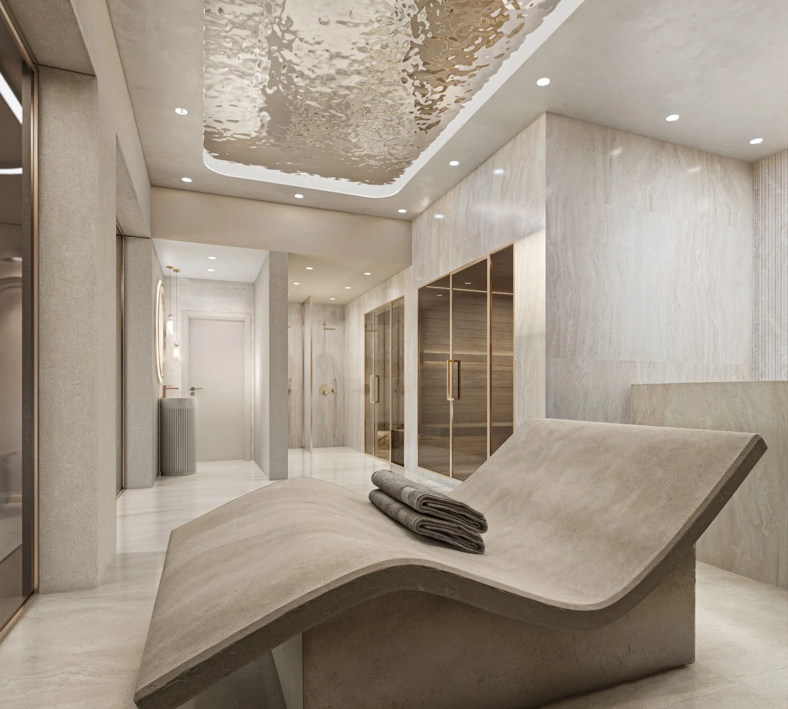 Spa-inspired master bath with curved stone lounger and dual walk-in closets.