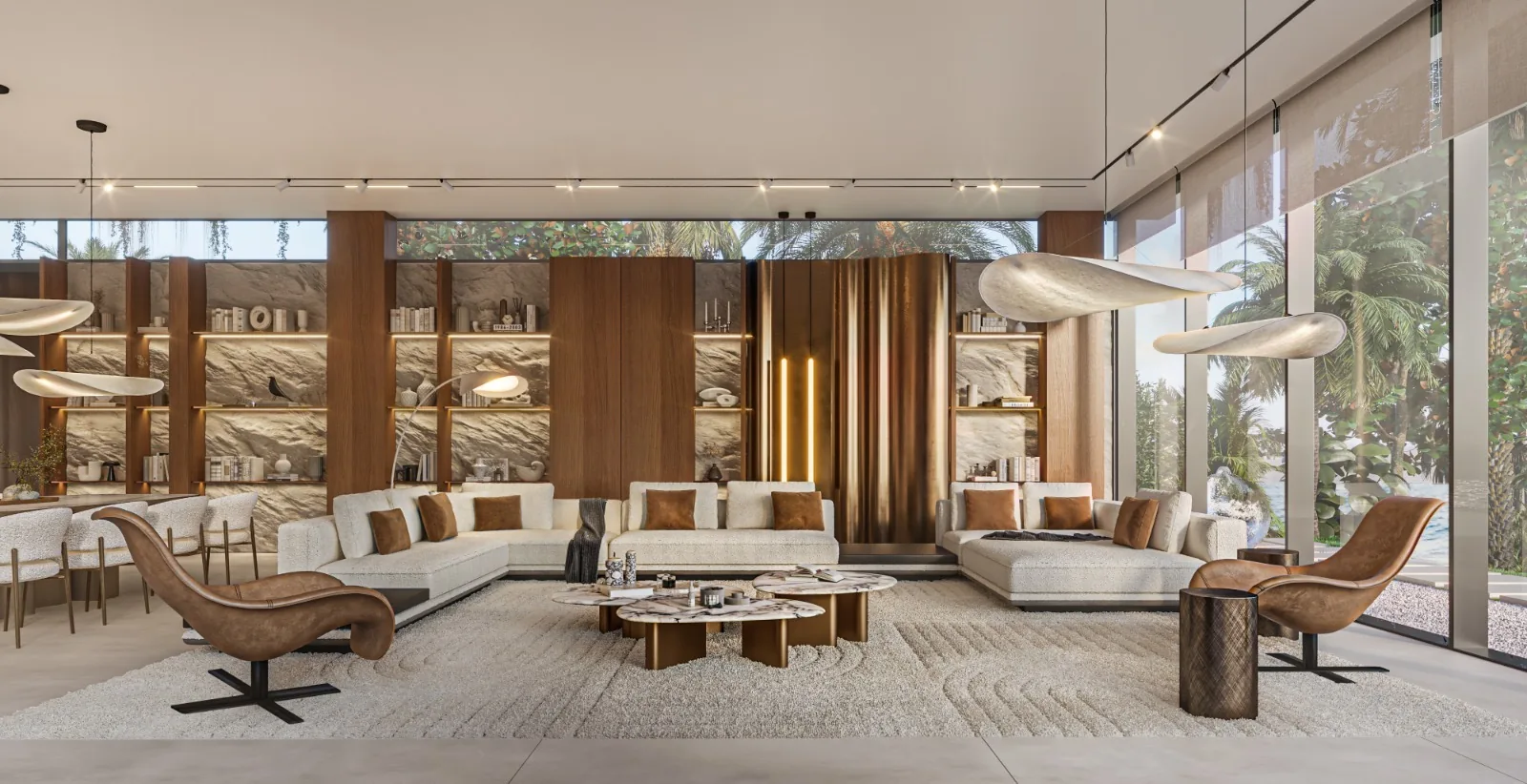 Cream sectional, wooden shelving, and bronze pendant fixtures.