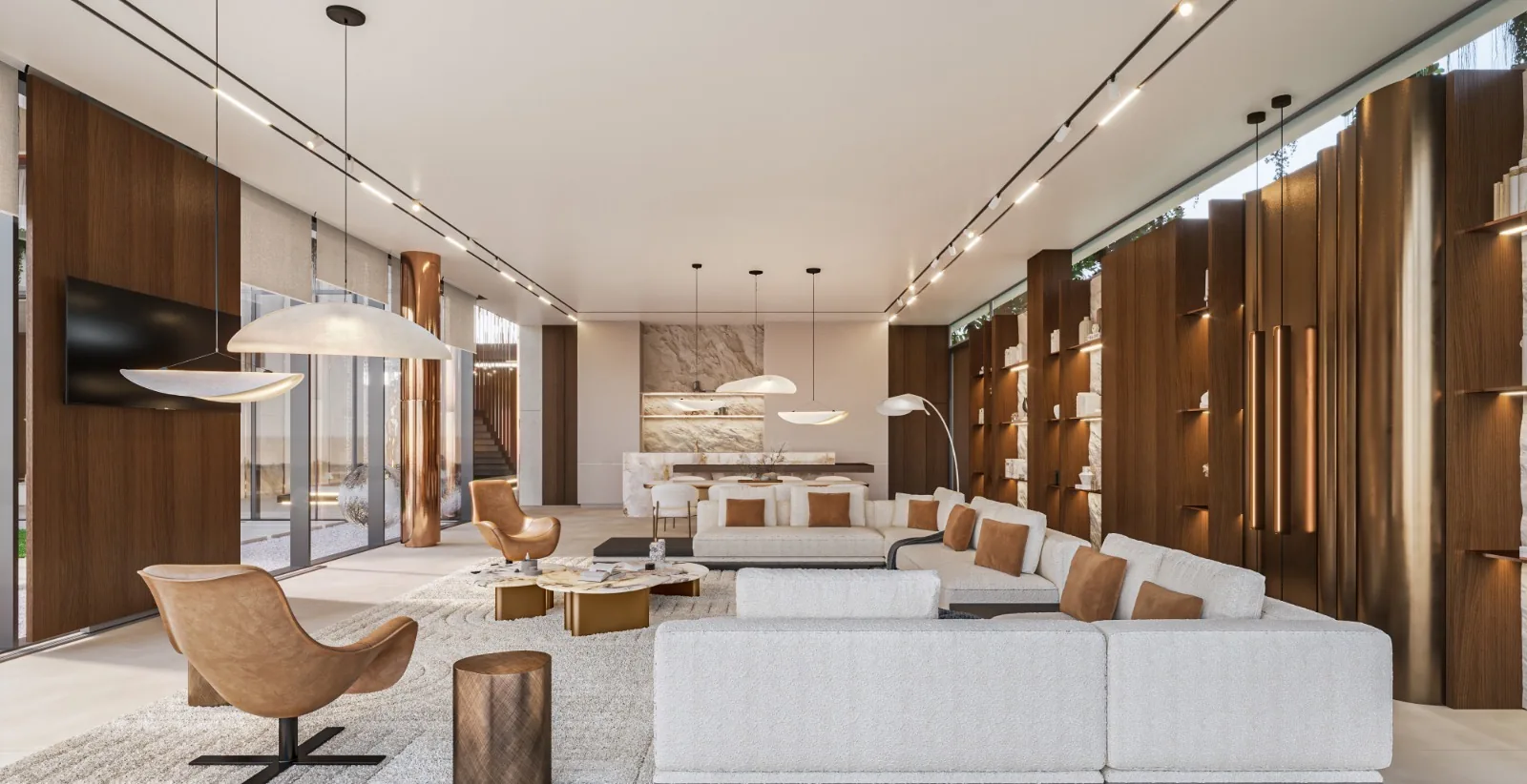 Commercial reception with modular seating, wood paneling, and pendant lighting.
