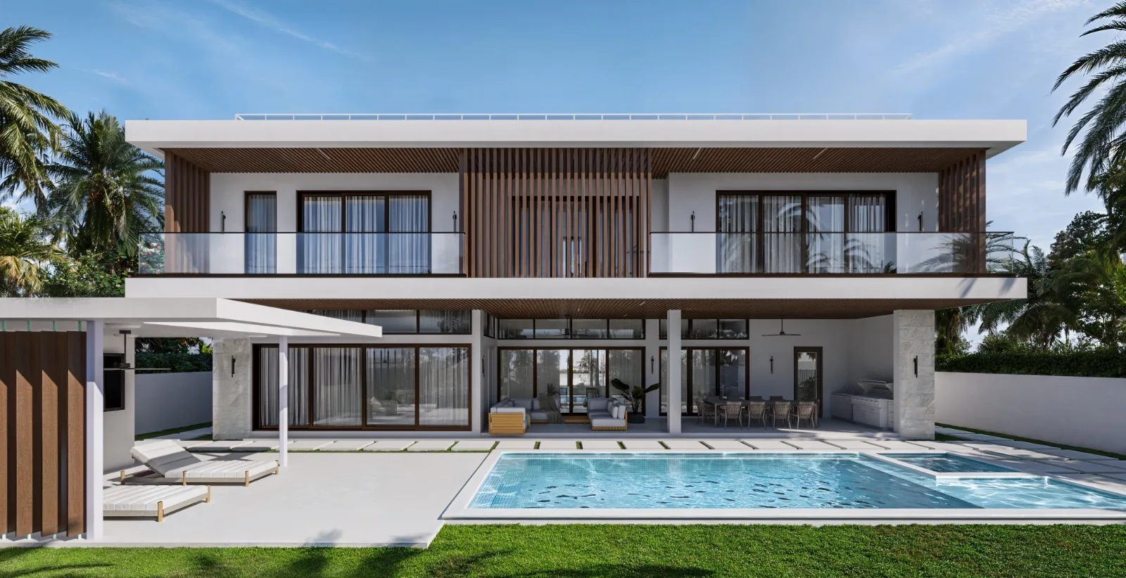 Two-story white home with wooden slat accents, pool deck, and integrated hardscape.