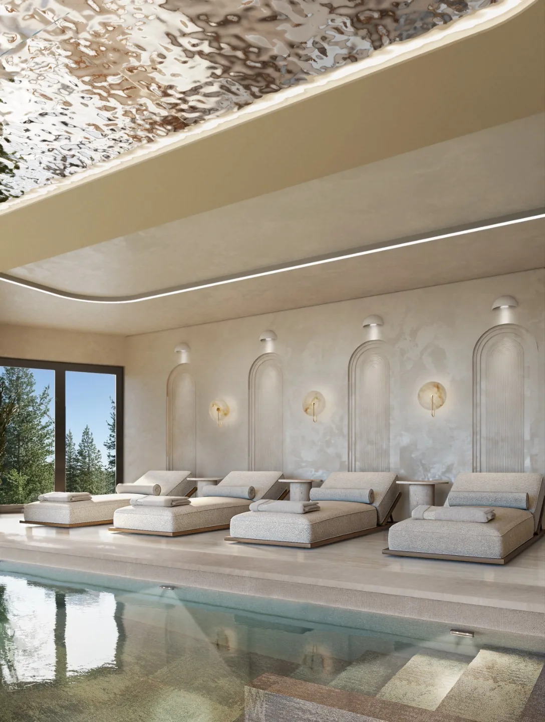 Pool deck with cream loungers, architectural ceiling, and water features.