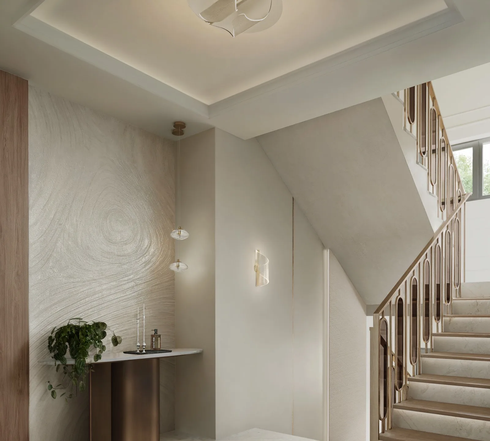 Textured tile walls, vessel sink, and geometric staircase railing detail.