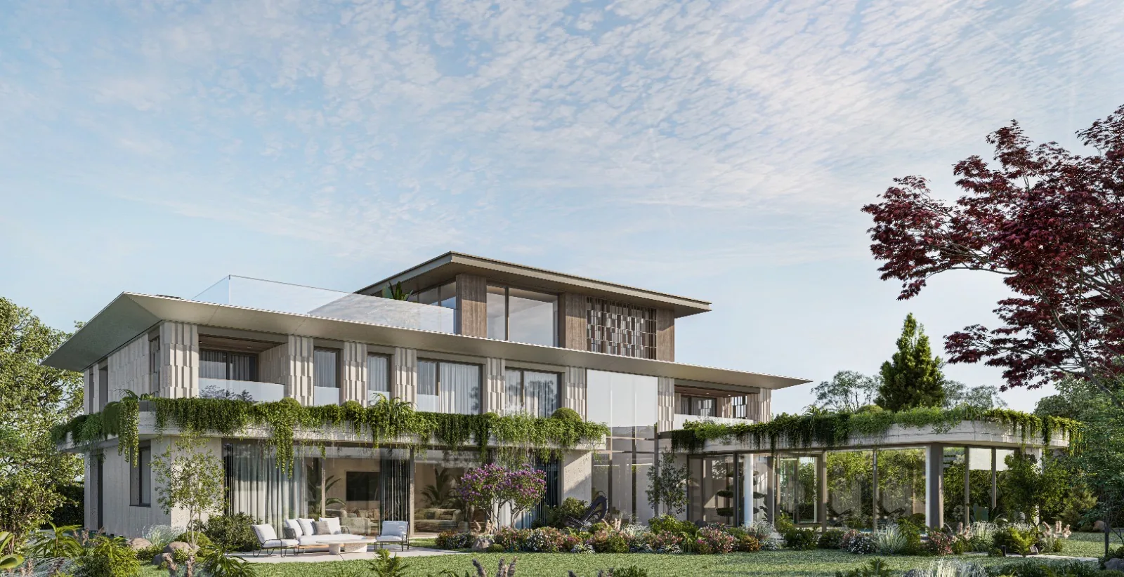 Two-story residence with glass walls, wooden accents, and expansive hardscape patio.