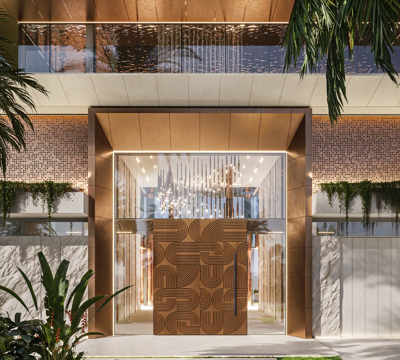 Commercial lobby entrance with geometric wood door panels and perforated metal cladding.