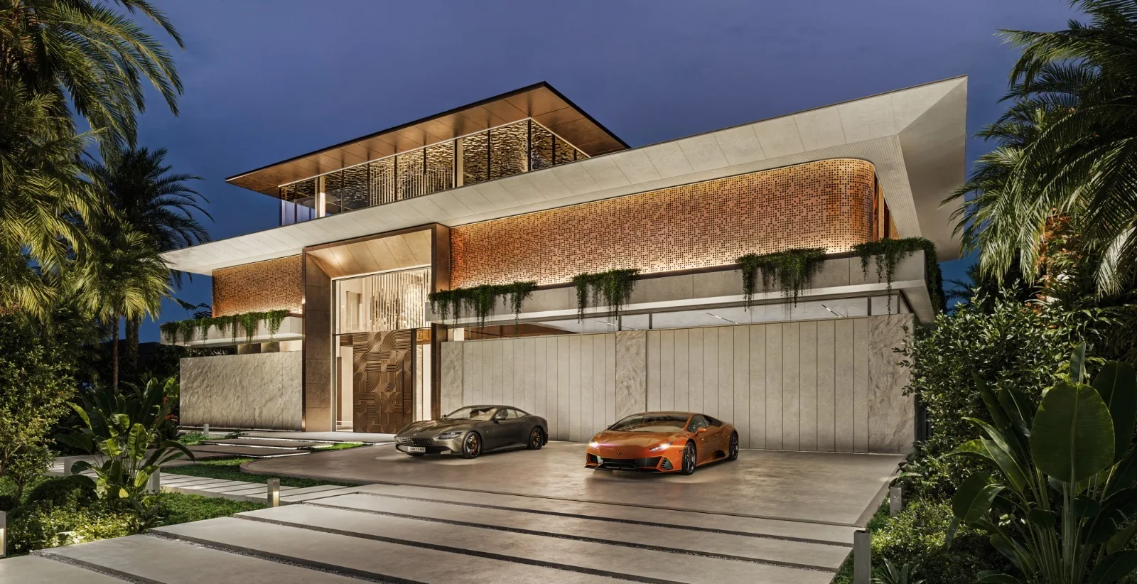 Luxury home with brick facade, curved roofline, and two-car garage.