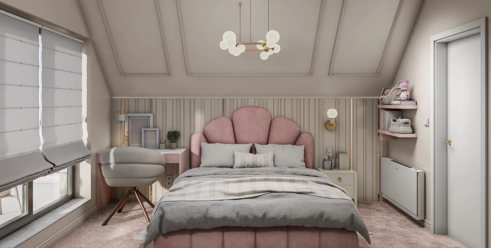 Bedroom with pink shell headboard, gray bedding, floating shelves, and pendant.