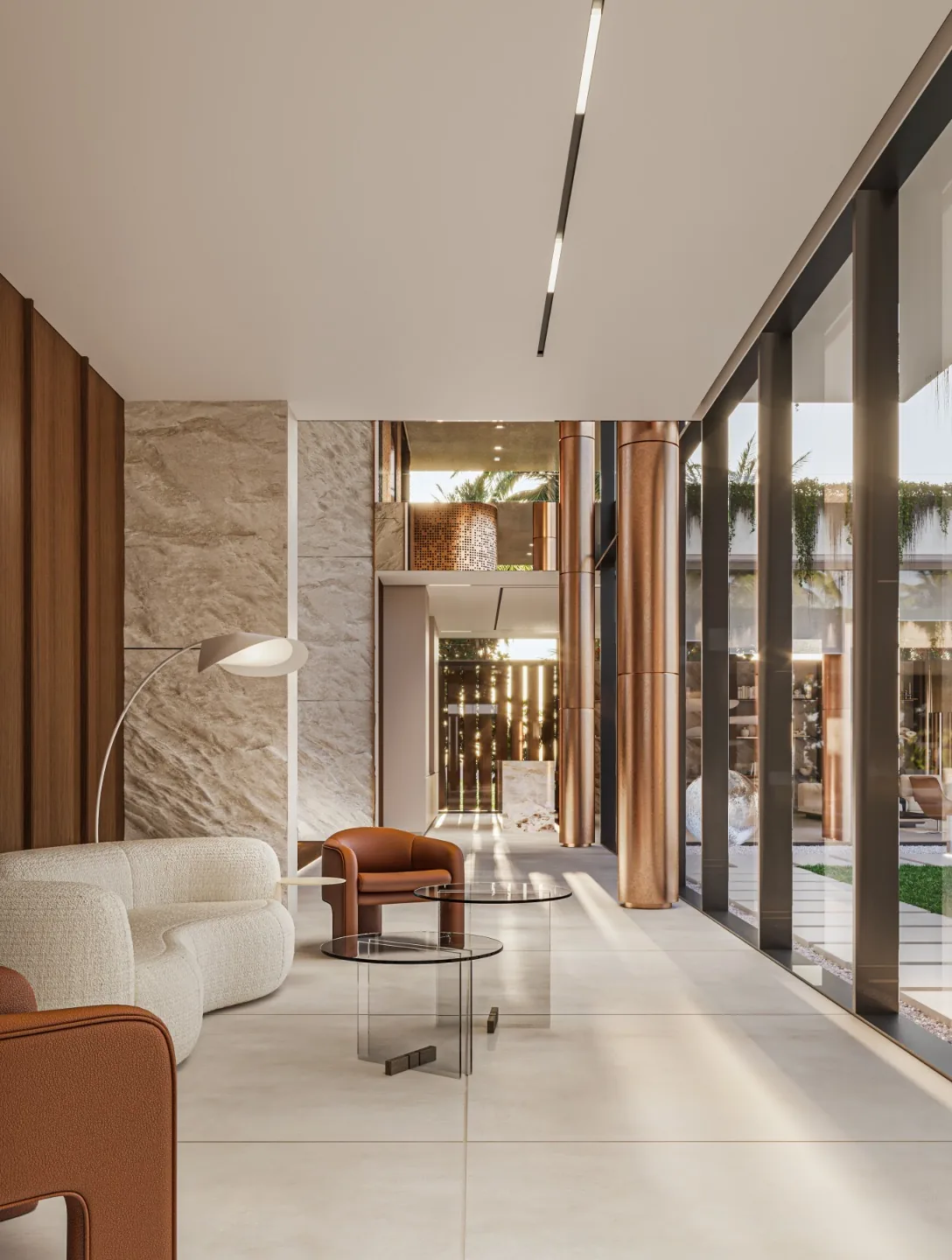 Commercial lobby with cream seating, marble walls, copper columns, and glazed facade.
