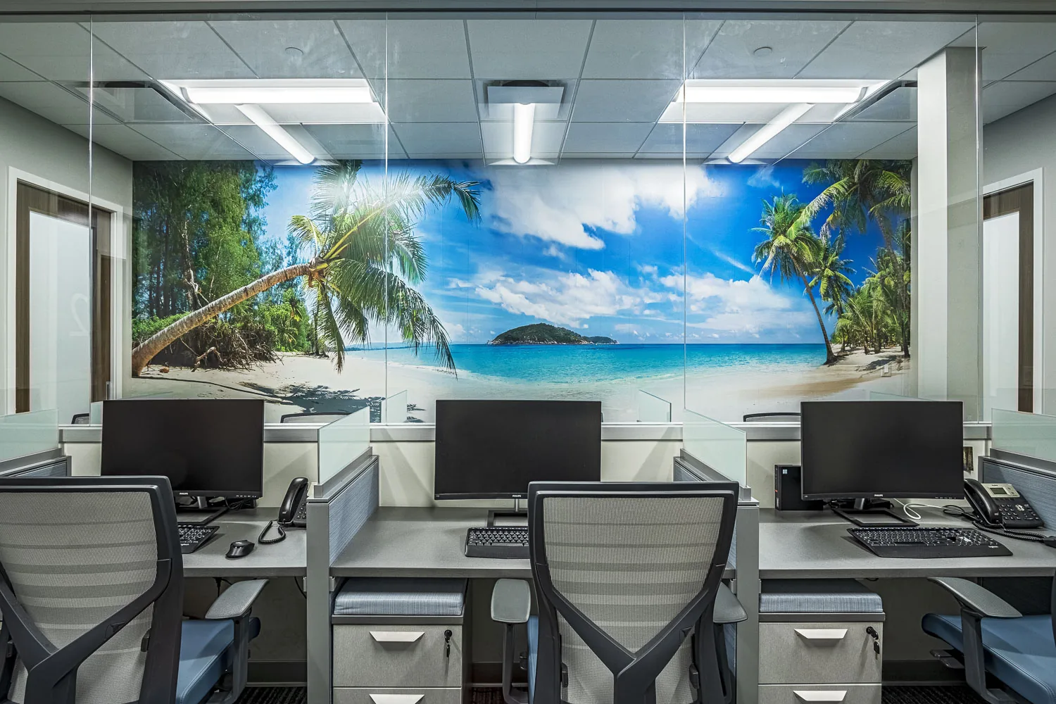 Office cubicles with beach mural backdrop and ergonomic seating — tenant fit-out.